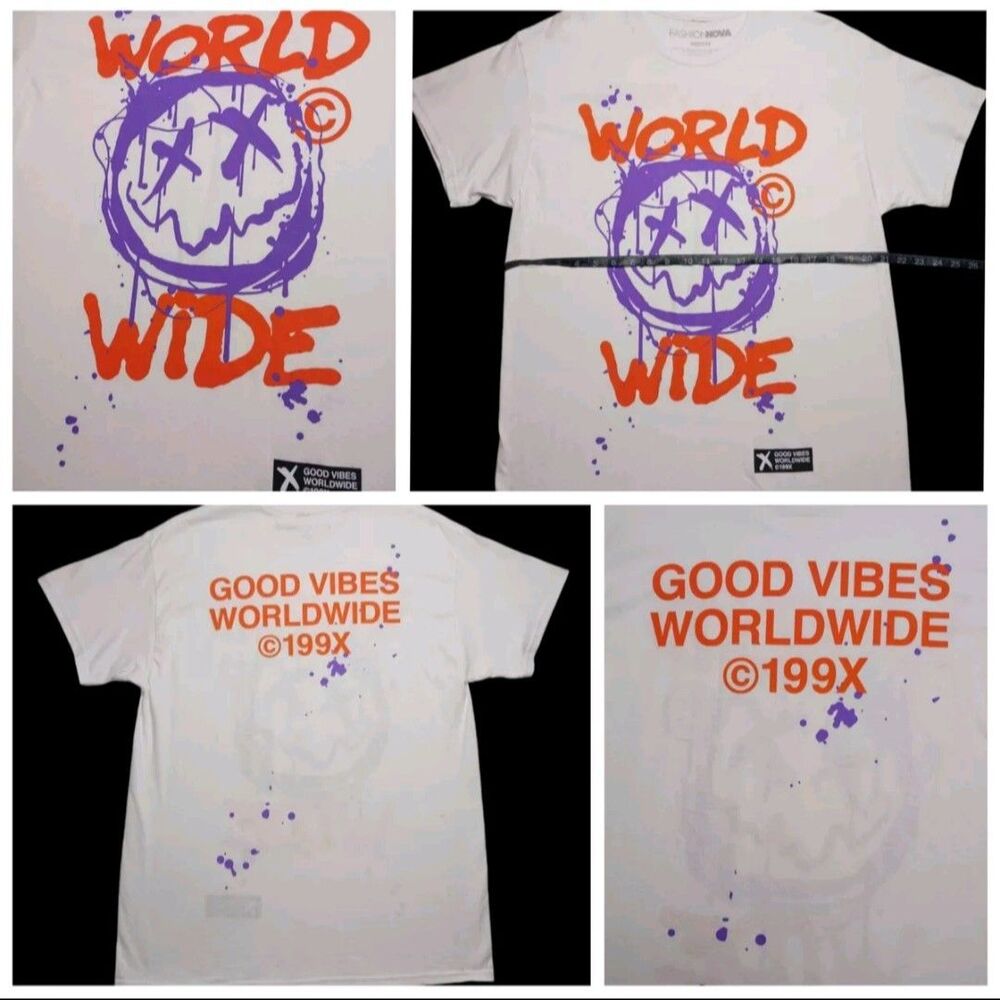 Fashion Nova Smiley Good Vibes World Wide 199X All Over Print Splatter Men's M